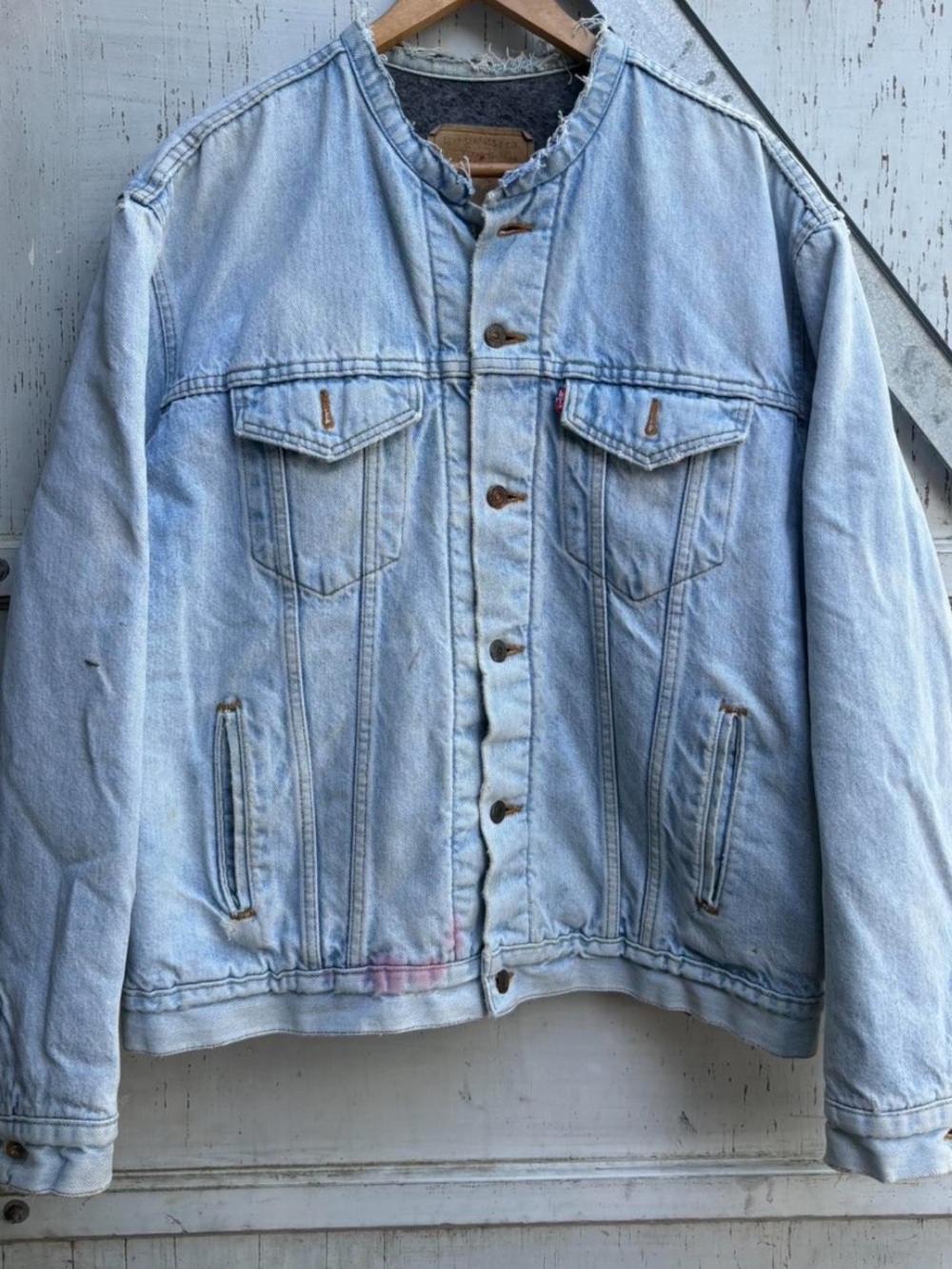 Vintage 90s Levi's Light Blue Denim Distressed Faded USA Bomber Jacket XL
